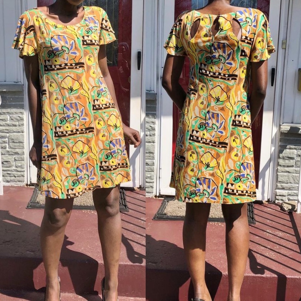 Anthropologie Silk Blend Mina Floral‎ Cutout Dress Yellow Print Size Medium Boho